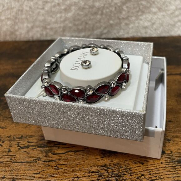 Roman Bracelet Earring Set Red Rhinestone Jewelry Box NEW - Picture 7 of 12